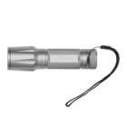 A silver flashlight with a textured grip and a black wrist strap. The flashlight has a cylindrical body and a flared head. It is shown on a plain white background.