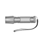 A silver flashlight with a textured grip and a black wrist strap attached at the end. The body features a sleek, cylindrical design with a slightly wider head.