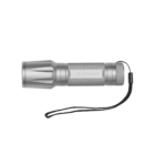 A metallic gray flashlight with a textured grip and a black wrist strap attached to the end. The flashlight is cylindrical with a slightly wider head.