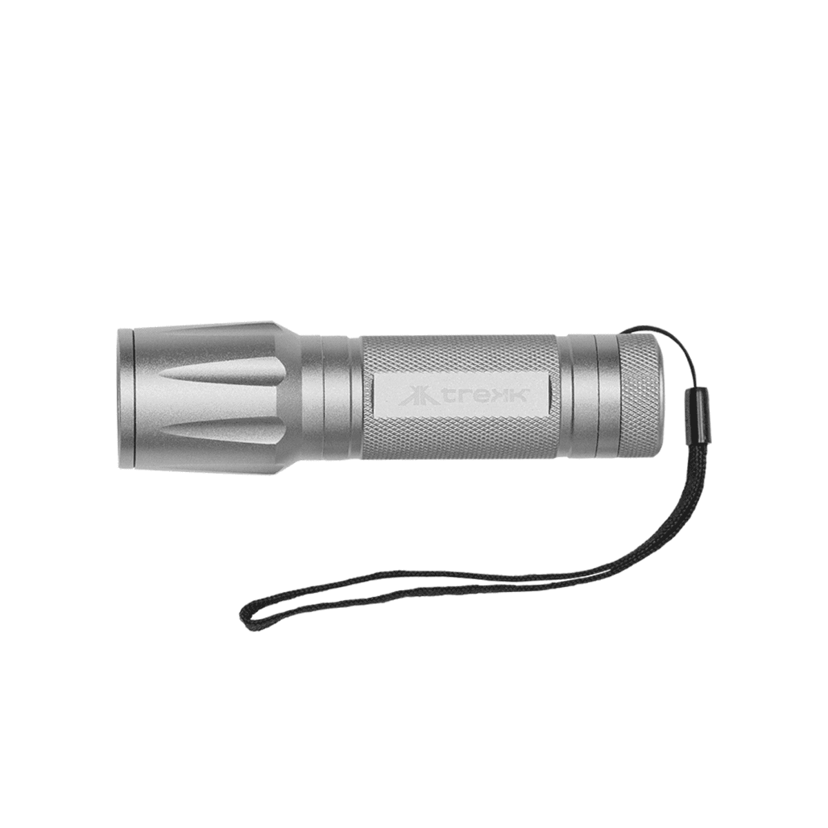A metallic gray flashlight with a textured grip and a black wrist strap attached to the end. The flashlight is cylindrical with a slightly wider head.