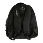 Black backpack with two padded shoulder straps and a webbed loop for hanging. A small buckle is visible on one strap, and a logo with the word trekk is printed on the back.