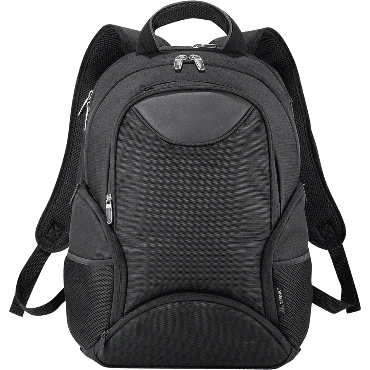 A black backpack with multiple zippered compartments and padded shoulder straps. It features side mesh pockets and a handle on top, with a sleek design suitable for carrying books or a laptop.