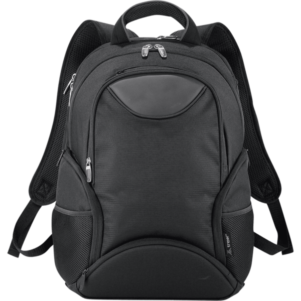 A black backpack with padded shoulder straps, multiple zippered compartments, and two side mesh pockets. It features a top handle and a smooth texture on the front panel.