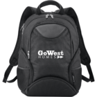 A black backpack with multiple zippered compartments and mesh pockets on the sides. The front features the logo Go West Homes with an arrow design. It has adjustable shoulder straps and a top handle.