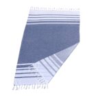 A flatlay of a blue and white striped towel with fringed edges. One corner is flipped over, showing the reverse side. The towel features broad blue and white sections and several narrower horizontal stripes.