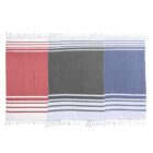 Three folded towels are displayed side by side. The first towel is red with thin white stripes, the second is dark gray with white stripes, and the third is blue with lighter stripes. Each towel has fringe along the top edge.