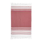 Rectangular towel with a maroon and white striped pattern. It has broad maroon sections bordered by white stripes, and white fringe tassels on the shorter edges. The fabric appears soft and textured.