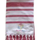 A red and white striped towel with tasseled fringes at the bottom. The towel features a colorful abstract logo and the text TechnoBox Hosting Service in the bottom center.
