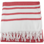 A folded red and white striped towel with white fringe on one end. The towel features horizontal red stripes on a white background, and the fringe adds a decorative touch.