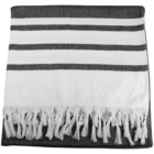 A folded towel with horizontal gray and white stripes and white fringe tassels at the edge.