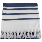 A folded woven blanket with horizontal navy blue and white stripes. The blanket has a tasseled fringe along one edge.