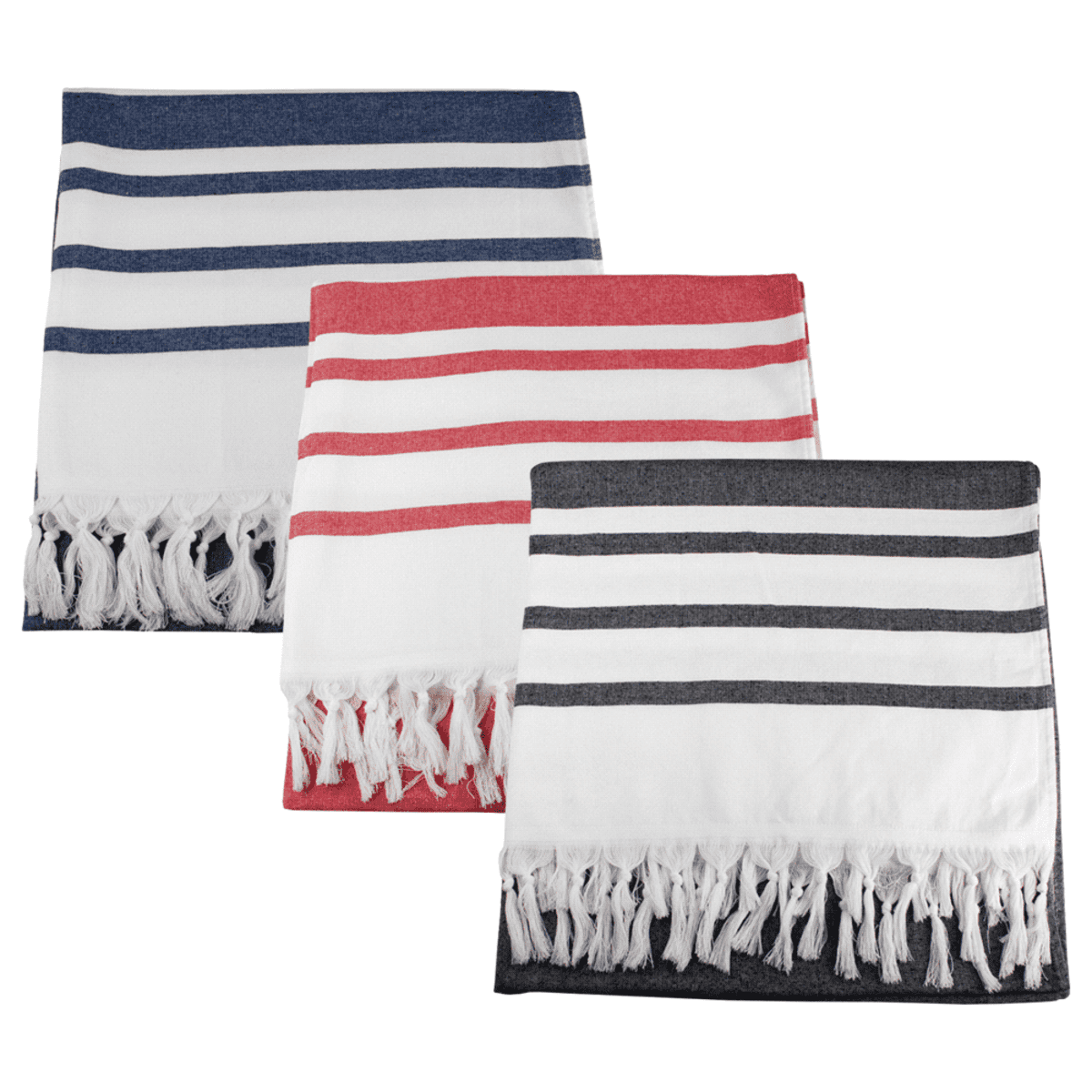 Three folded striped towels with fringed edges. The towels are stacked with a blue-striped towel on top, a red-striped towel in the middle, and a gray-striped towel at the bottom. Each towel has white stripes alternating with the colored ones.