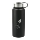 A large, matte black water bottle with a stainless steel cap and black carrying loop. The bottle features a white logo with an upward-pointing arrow and the word launchplay beneath it.