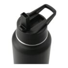 A stainless steel water bottle with a black finish and a flip-top straw lid. The handle is integrated into the lid design for easy carrying. The bottle has a sleek and modern appearance.