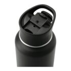 A black insulated water bottle with a flip-top lid and a small spout is shown. The bottles body is cylindrical, and the lid includes a handle for easy carrying. The lid is slightly open, revealing the drinking spout.