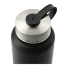 A close-up of the top of a black insulated water bottle with a stainless steel cap and a black plastic loop handle.