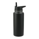 A black, insulated water bottle with a matte finish and a flip-top lid. The design is sleek and cylindrical, suitable for maintaining drink temperatures. The lid handle is prominent for easy carrying.