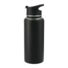 A black stainless steel water bottle with a twist-off lid and spout. The design is sleek and cylindrical, suitable for hot or cold beverages.