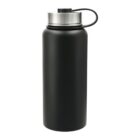 A black stainless steel water bottle with a silver screw-on lid and a black carrying loop. The design is sleek and modern, suitable for carrying beverages.