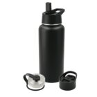 A black stainless steel water bottle with a handle is displayed with three interchangeable lids: a black lid with a loop, a sipping lid, and a silver lid with a black strap.