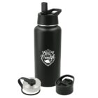Black water bottle with Vanlife printed in white, depicting a van, mountains, and trees. It has a black handle cap and comes with two additional lids: a silver and black lid with a loop, and a simple black cap.
