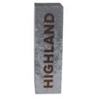 Tall rectangular gray box with the word HIGHLAND printed in bold, textured lettering on one side. The surface has a rough, stone-like appearance.