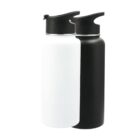 Two stainless steel water bottles with black lids. One bottle is white, and the other is black, positioned side by side against a plain white background.