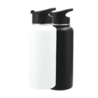 Two insulated water bottles with flip-top lids are placed side by side. One bottle is white, and the other is black. The design is sleek and modern, suitable for beverages on the go.