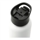 A white water bottle with a black flip-top lid featuring a spout for easy drinking. The lid is designed for convenience and portability.