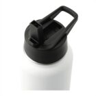 A white insulated water bottle with a black lid featuring a flip-up straw and a carrying handle, viewed from a high angle on a white background.