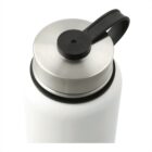 A white stainless steel water bottle with a silver metal lid and a black plastic handle viewed from above.