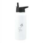 A white water bottle with a black lid and straw. It features a gray logo with an arrow and the word launchplay beneath the arrow. The bottle is set against a plain white background.