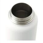 Top view of an open white stainless steel water bottle focusing on the metallic neck and rim against a white background.