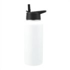 A white insulated water bottle with a black lid and a flip-top straw cap. The bottle has a smooth, matte finish and is set against a plain white background.