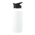 A plain white water bottle with a black screw-on lid and a spout for drinking. The bottle has a smooth, cylindrical shape and is set against a white background.