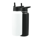 Two water bottles side by side on a white background. The left bottle is white, and the right bottle is black. Both have black lids with spouts. The design is sleek and minimalist.