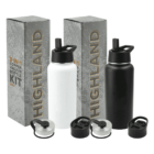 Two metal water bottles, one white and one black, are placed in front of their packaging boxes labeled HIGHLAND 3-IN-1 COPPER VACUUM BOTTLE KIT. Three different styles of lids are displayed alongside the bottles.