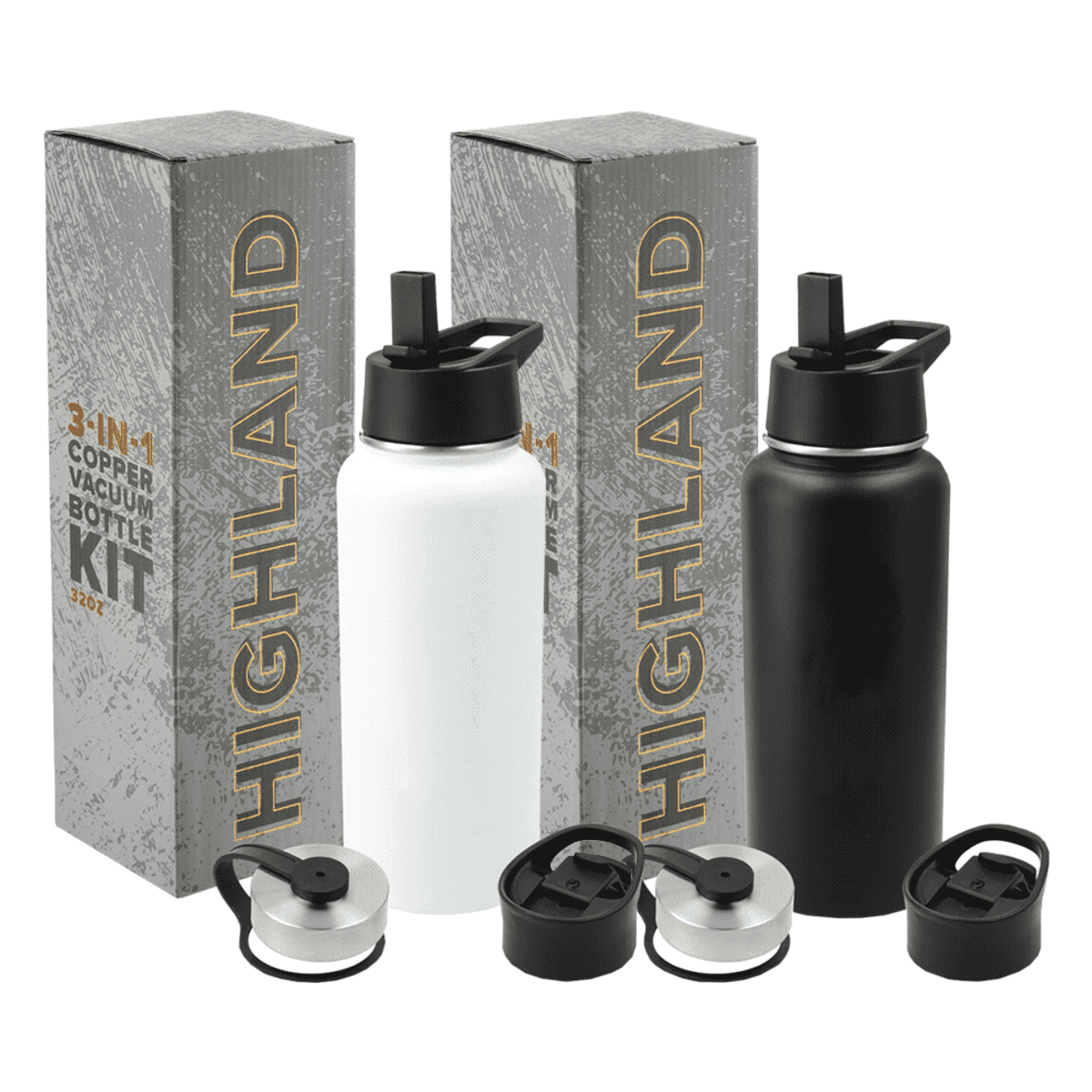 Two metal water bottles, one white and one black, are placed in front of their packaging boxes labeled HIGHLAND 3-IN-1 COPPER VACUUM BOTTLE KIT. Three different styles of lids are displayed alongside the bottles.