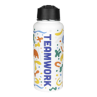 A white water bottle with a black cap features the word TEAMWORK in bold blue letters. Surrounding the text are colorful abstract patterns in orange, green, yellow, and blue.