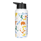 A white water bottle with a black lid features colorful abstract patterns in orange, blue, green, and yellow. The word TEAMWORK is printed vertically on one side.