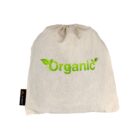 A beige drawstring bag with Organic written in green letters on the front, decorated with small leaf designs. A black label with orange text is attached to the side.
