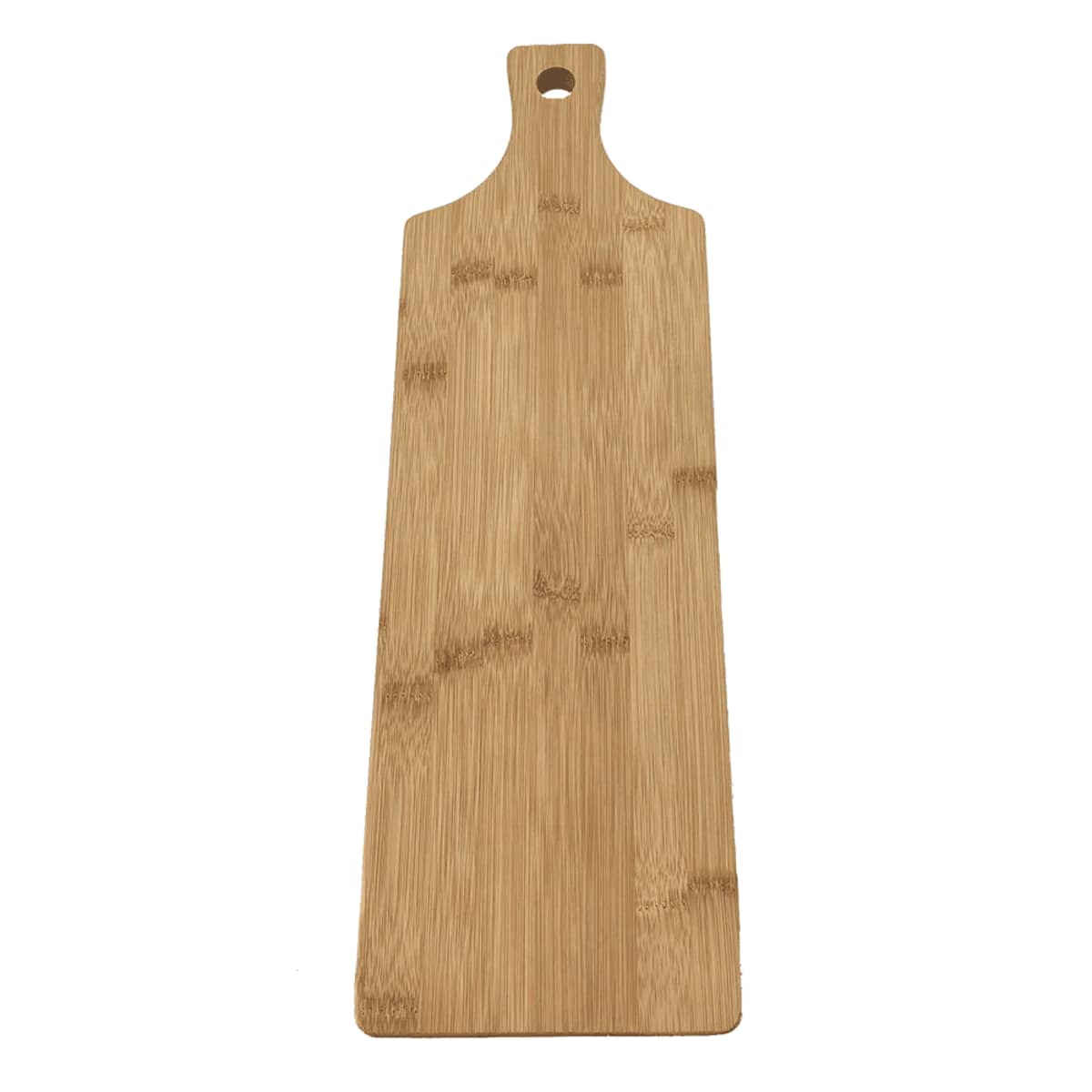 A rectangular wooden cutting board with a handle and rounded edges, featuring a hole at the top for hanging, is shown from above on a white background. The board has a light brown, natural wood grain texture.