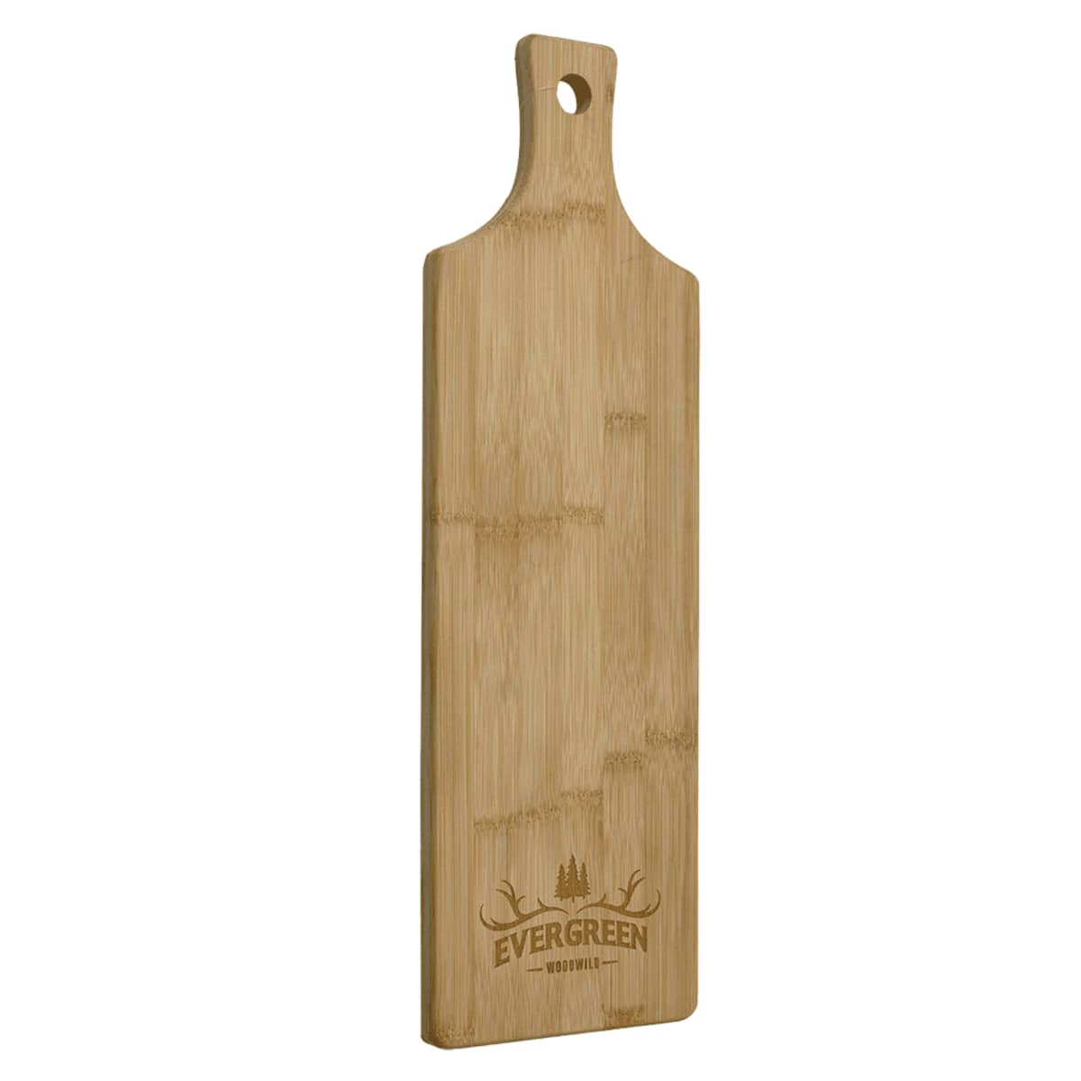 A rectangular wooden cutting board with a handle and hole for hanging. The board has a smooth finish and a logo at the bottom reading Evergreen Woodville with a design of trees and antlers.