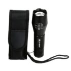 A black flashlight with a wrist strap is shown next to its black carrying case. The flashlight has adjustable focus settings marked on its head and features a textured grip for secure handling.