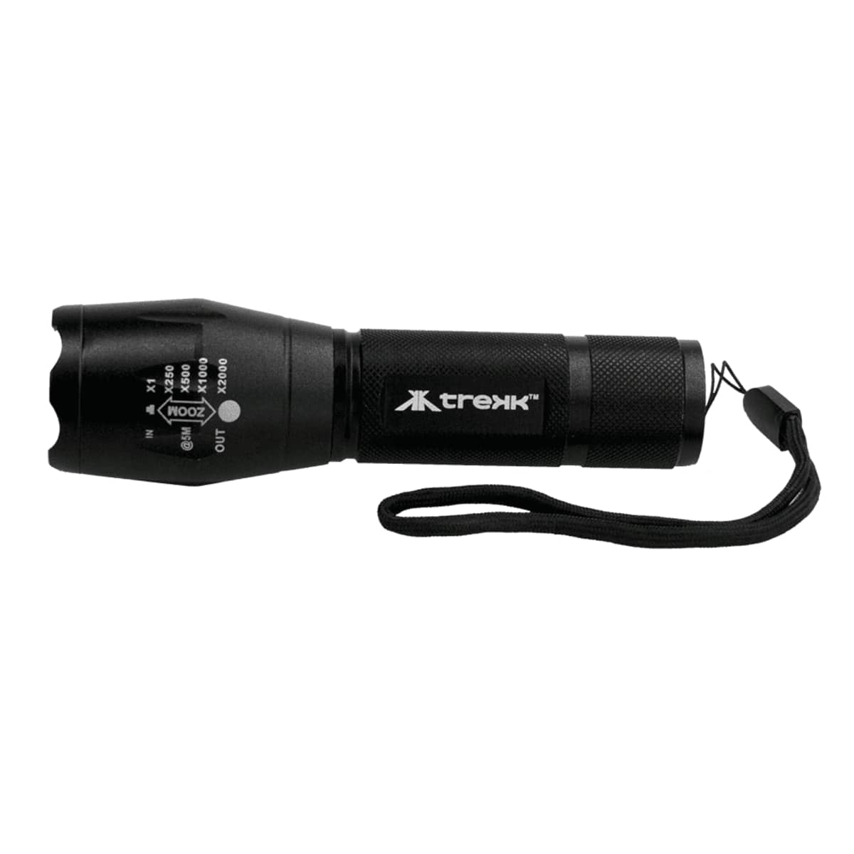 Black tactical flashlight with adjustable zoom and wrist strap. The flashlight body has a textured grip and is labeled with adjustment settings and the brand Trek.