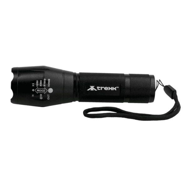 A black flashlight with adjustable beam settings and a textured grip. It features a side button for control and is attached to a black wrist strap. The brand name is printed on the side.