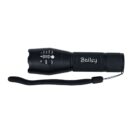 A black flashlight with a textured grip and adjustable focus ring. It has engraved markings indicating zoom levels and the word Bailey on the side. A wrist strap is attached to the base.