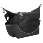 A black diaper bag with multiple compartments and zippered closures. It has side pockets and a front flap with a subtle reflective trim. The bag features clips on top for easy attachment to strollers.