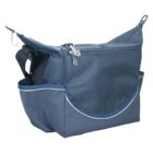 A blue fabric shoulder bag with a large front pocket, multiple zippered compartments, and side pockets. It has an adjustable strap and silver hardware, designed for practical use and casual outings.