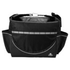 A black and gray satchel bag with a flap closure and a reflective stripe. It has multiple external pockets and an adjustable shoulder strap. The brand logo is visible on the lower right corner of the bag.
